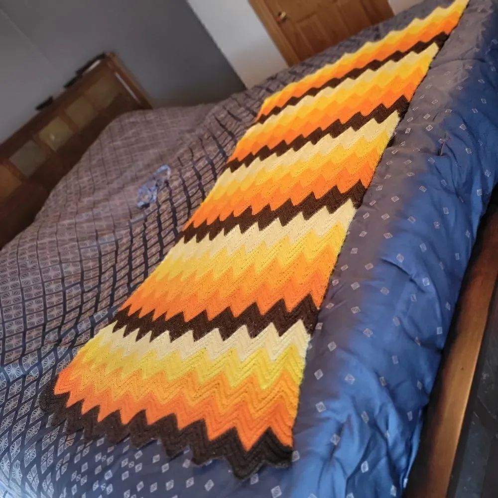 Vintage 70s Afghan Crochet Handmade Orange & Brown Chevron Knit Blanket Throw